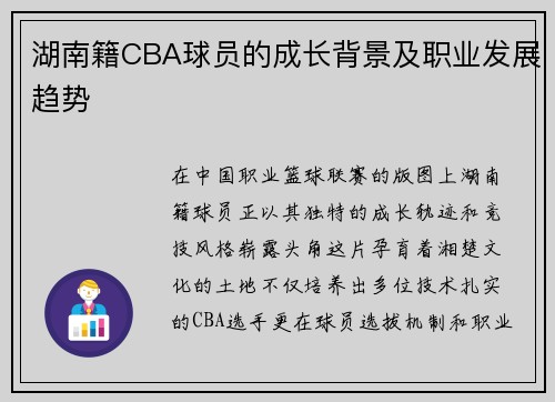 湖南籍CBA球员的成长背景及职业发展趋势