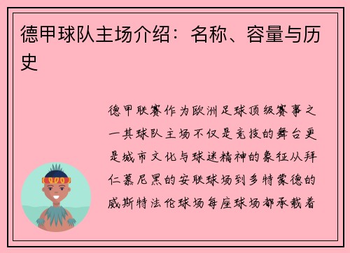 德甲球队主场介绍：名称、容量与历史